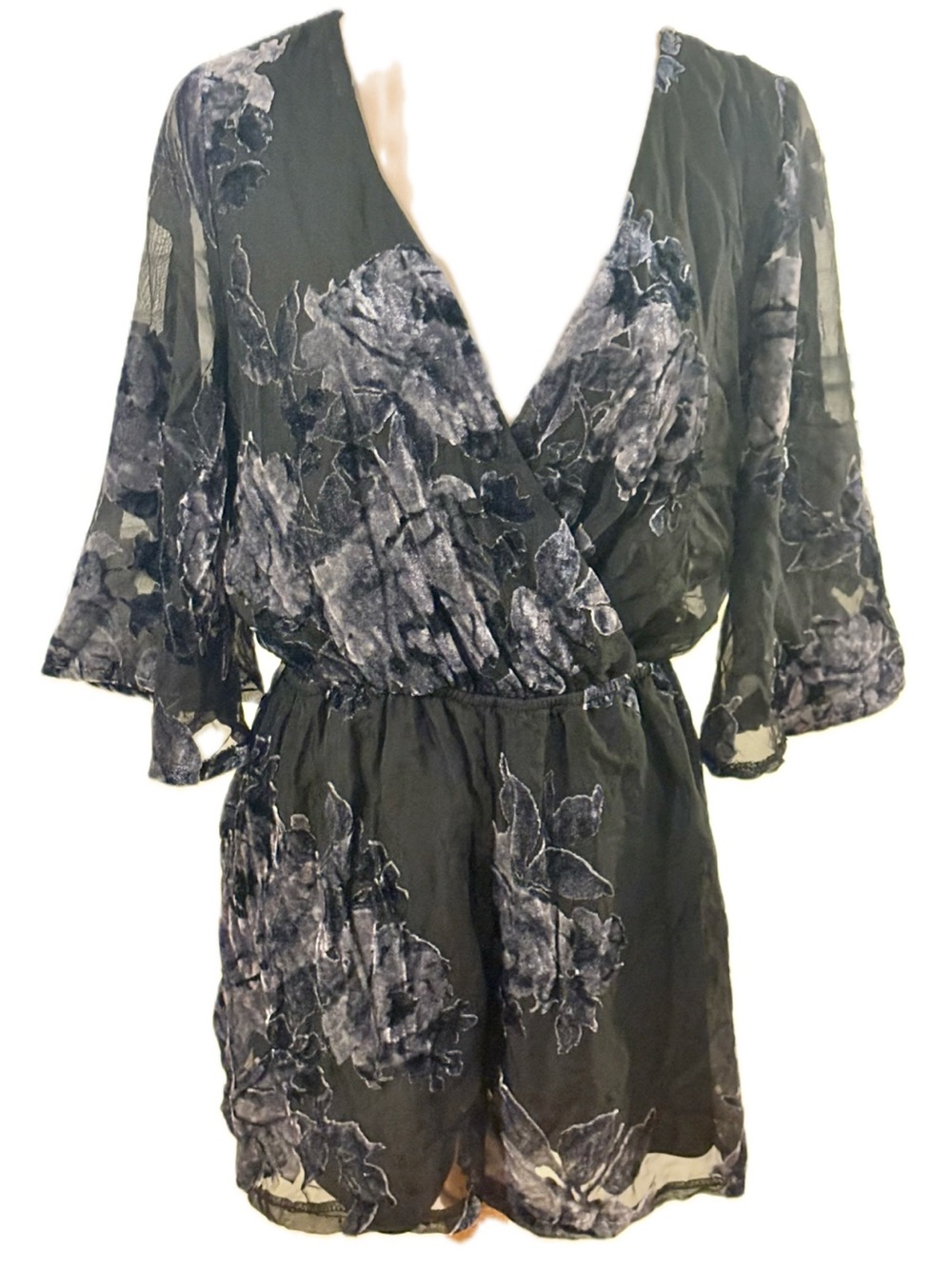 As U Wish Black Floral Burnout Faux  Wrap Romper